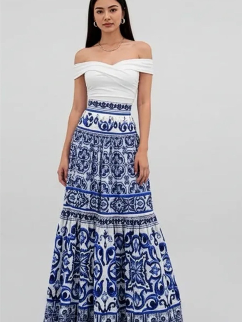 Commense White Maxi Skirt with Blue Printed Pattern